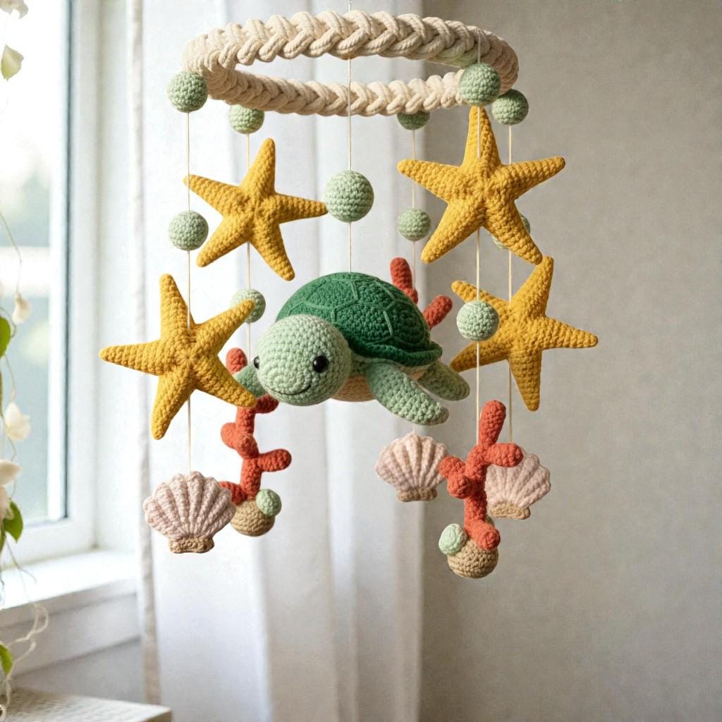 Crochet Sea Turtle Mobile, Handmade Ocean Hanging Decor, Coastal Fiber Art Mobile