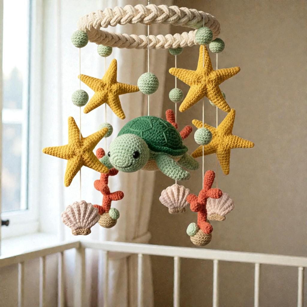 Crochet Sea Turtle Mobile, Handmade Ocean Hanging Decor, Coastal Fiber Art Mobile
