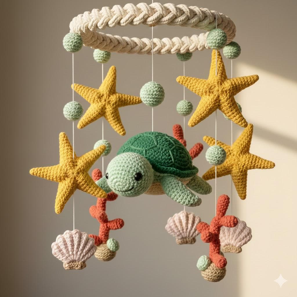 Crochet Sea Turtle Mobile, Handmade Ocean Hanging Decor, Coastal Fiber Art Mobile