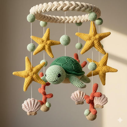 Crochet Sea Turtle Mobile, Handmade Ocean Hanging Decor, Coastal Fiber Art Mobile