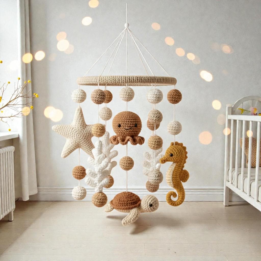 Crochet Ocean Mobile, Handmade Sea Animal Decor, Neutral Hanging Display