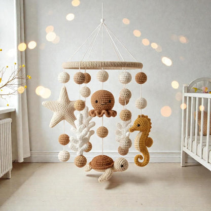 Crochet Ocean Mobile, Handmade Sea Animal Decor, Neutral Hanging Display