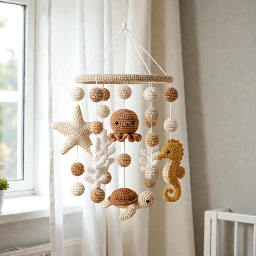 Crochet Ocean Mobile, Handmade Sea Animal Decor, Neutral Hanging Display