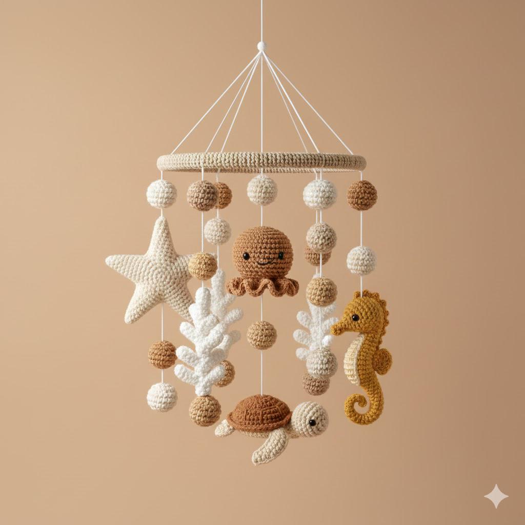 Crochet Ocean Mobile, Handmade Sea Animal Decor, Neutral Hanging Display