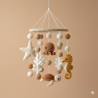 Crochet Ocean Mobile, Handmade Sea Animal Decor, Neutral Hanging Display