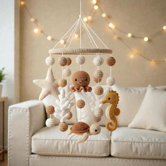 Crochet Ocean Mobile, Handmade Sea Animal Decor, Neutral Hanging Display