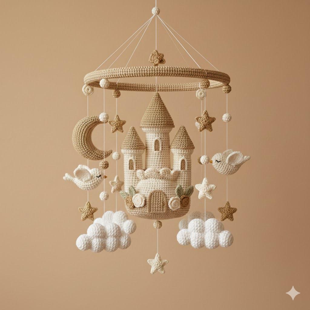 Crochet Castle Hanging Mobile, Fairytale Castle Yarn Decor, Moon Star Cloud Mobile, Handmade Fantasy Room Decor