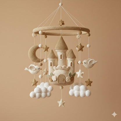Crochet Castle Hanging Mobile, Fairytale Castle Yarn Decor, Moon Star Cloud Mobile, Handmade Fantasy Room Decor