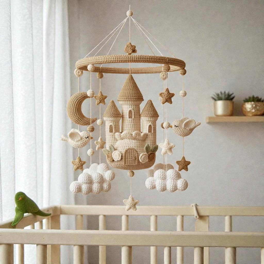 Crochet Castle Hanging Mobile, Fairytale Castle Yarn Decor, Moon Star Cloud Mobile, Handmade Fantasy Room Decor