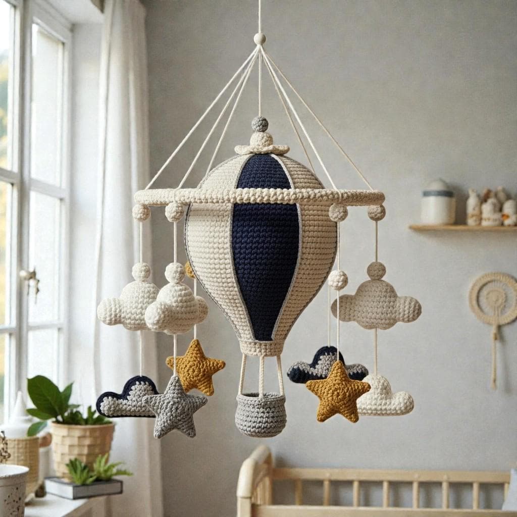Handmade Crochet Hot Air Balloon Mobile, Neutral Hanging Nursery Decor, Yarn Cloud Star Mobile