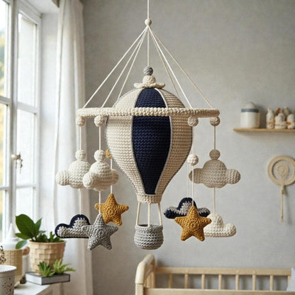 Handmade Crochet Hot Air Balloon Mobile, Neutral Hanging Nursery Decor, Yarn Cloud Star Mobile