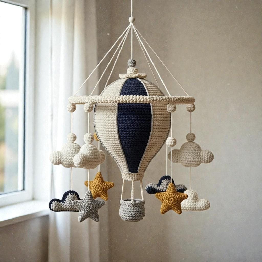Handmade Crochet Hot Air Balloon Mobile, Neutral Hanging Nursery Decor, Yarn Cloud Star Mobile