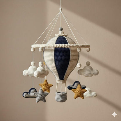 Handmade Crochet Hot Air Balloon Mobile, Neutral Hanging Nursery Decor, Yarn Cloud Star Mobile