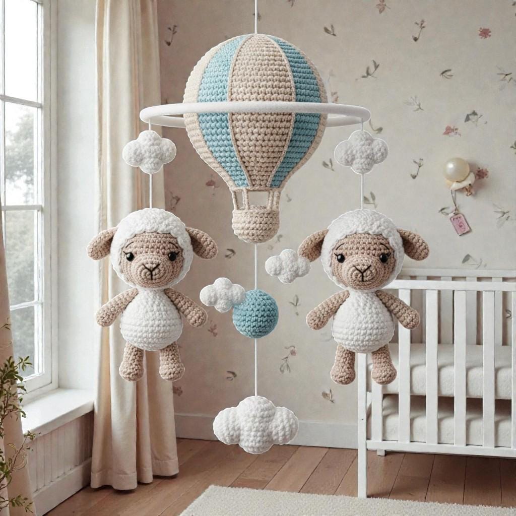 Handmade Crochet Sheep Hot Air Balloon Mobile, Yarn Animal Mobile for Neutral Nursery Decor