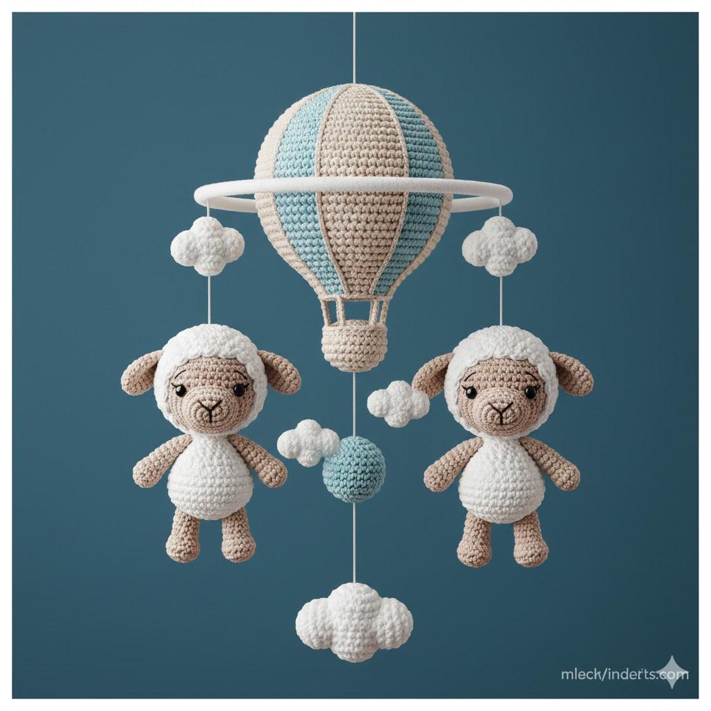 Handmade Crochet Sheep Hot Air Balloon Mobile, Yarn Animal Mobile for Neutral Nursery Decor