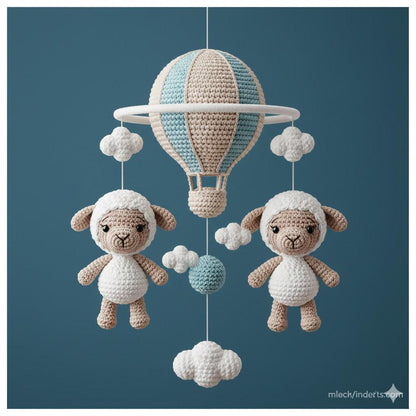 Handmade Crochet Sheep Hot Air Balloon Mobile, Yarn Animal Mobile for Neutral Nursery Decor