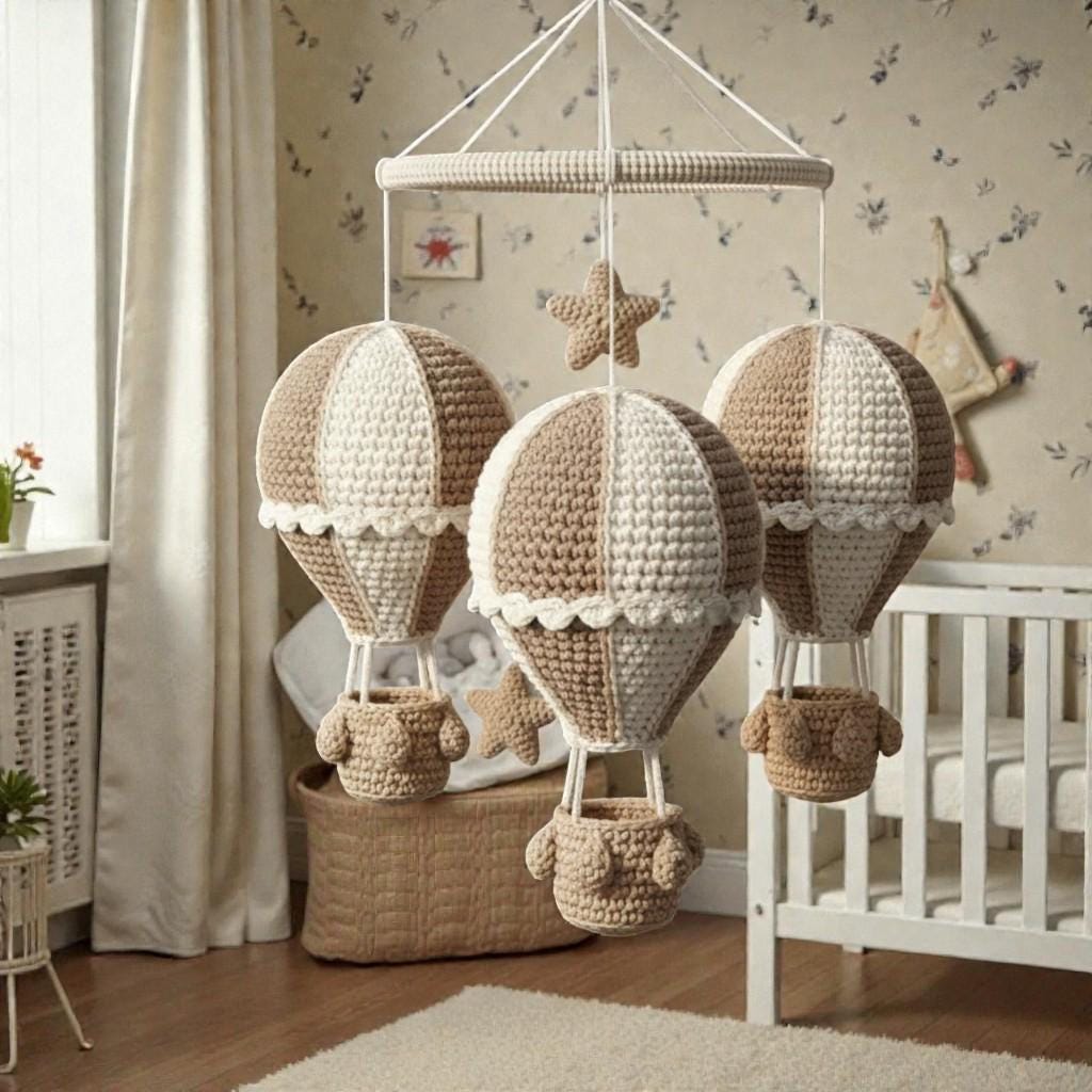 Handmade Crochet Hot Air Balloon Mobile, Neutral Yarn Hanging Mobile for Nursery Decor