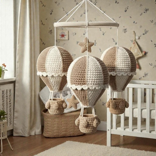 Handmade Crochet Hot Air Balloon Mobile, Neutral Yarn Hanging Mobile for Nursery Decor
