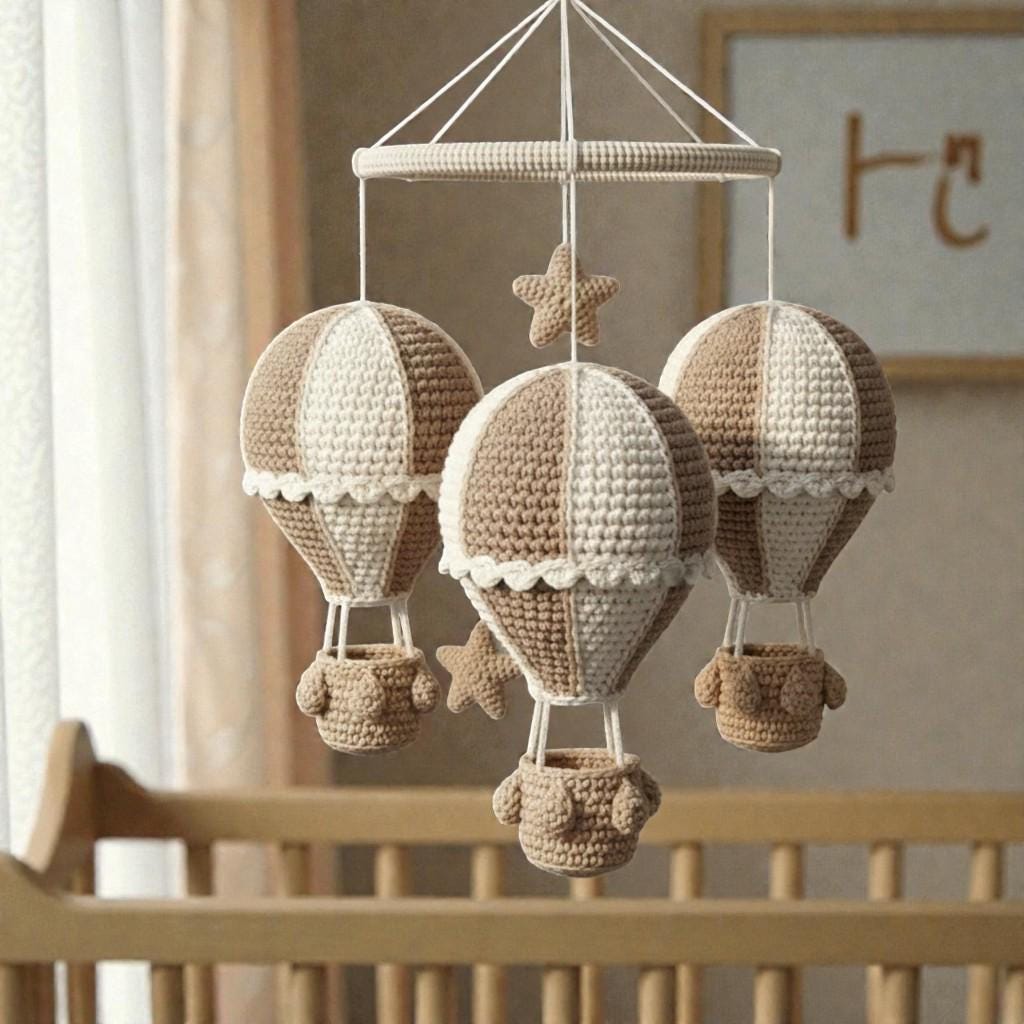 Handmade Crochet Hot Air Balloon Mobile, Neutral Yarn Hanging Mobile for Nursery Decor
