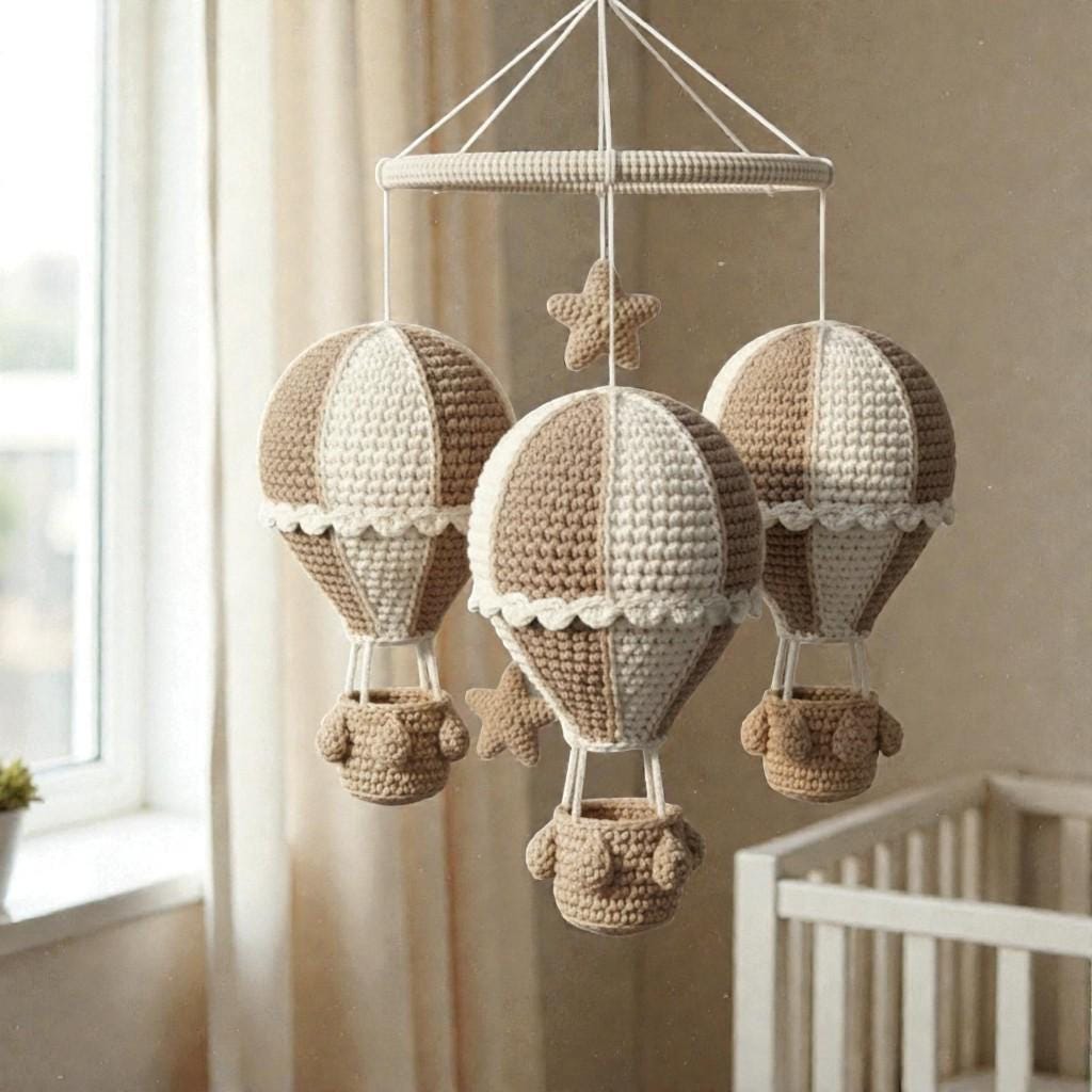 Handmade Crochet Hot Air Balloon Mobile, Neutral Yarn Hanging Mobile for Nursery Decor
