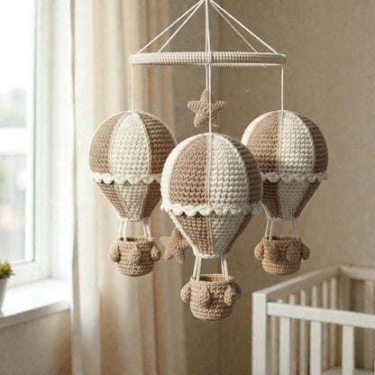 Handmade Crochet Hot Air Balloon Mobile, Neutral Yarn Hanging Mobile for Nursery Decor