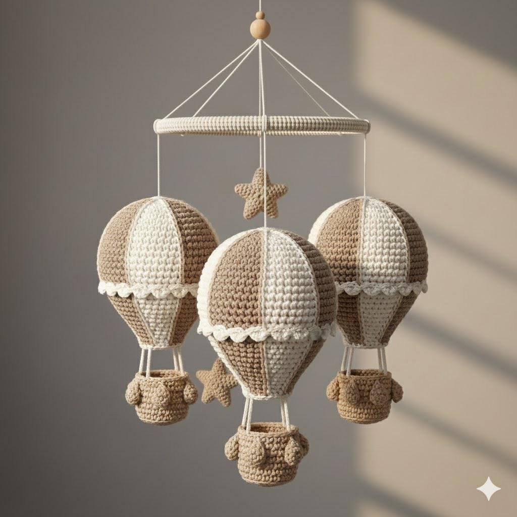 Handmade Crochet Hot Air Balloon Mobile, Neutral Yarn Hanging Mobile for Nursery Decor