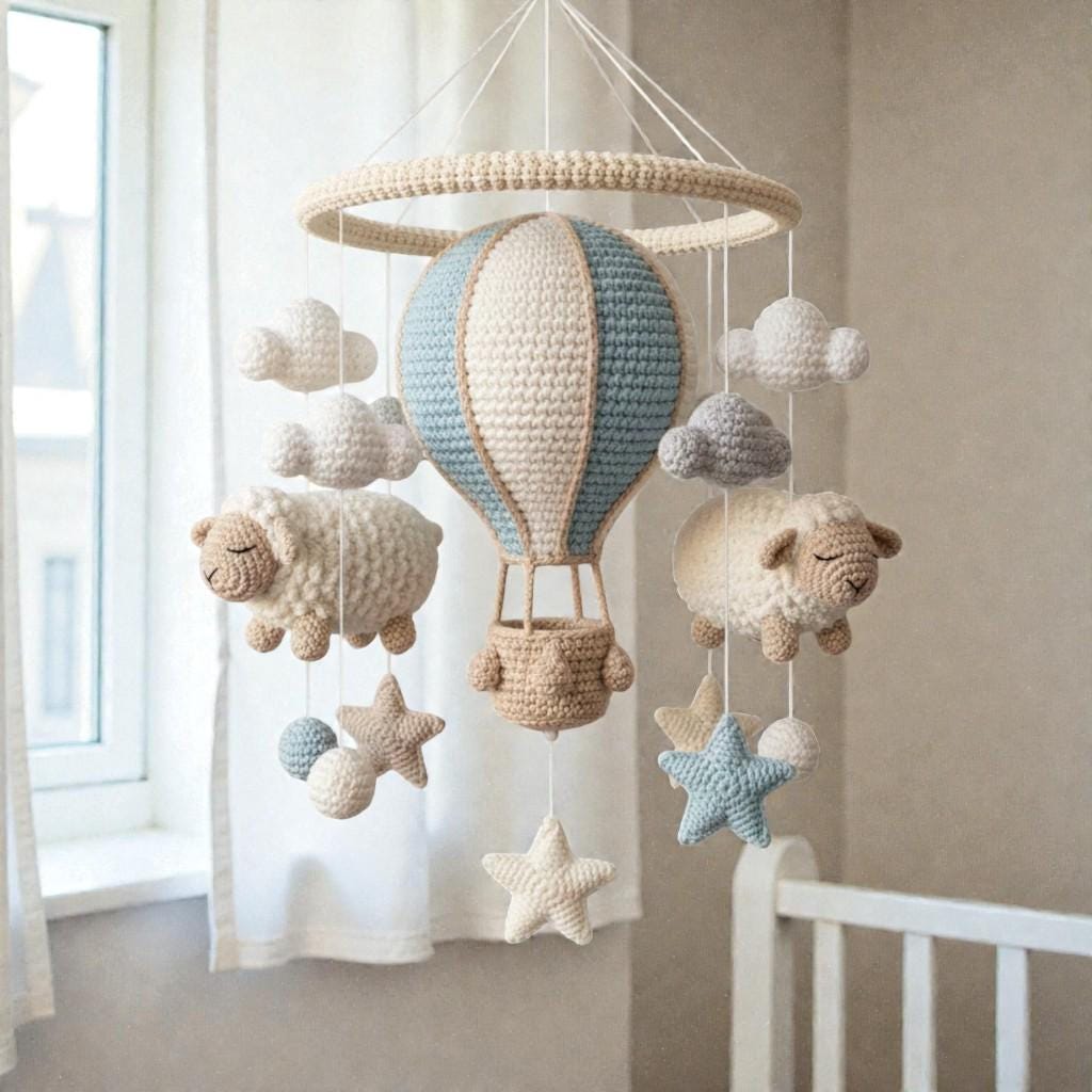 Handmade Crochet Hot Air Balloon Mobile with Sheep, Neutral Yarn Nursery Hanging Decor