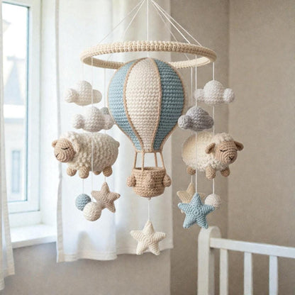 Handmade Crochet Hot Air Balloon Mobile with Sheep, Neutral Yarn Nursery Hanging Decor