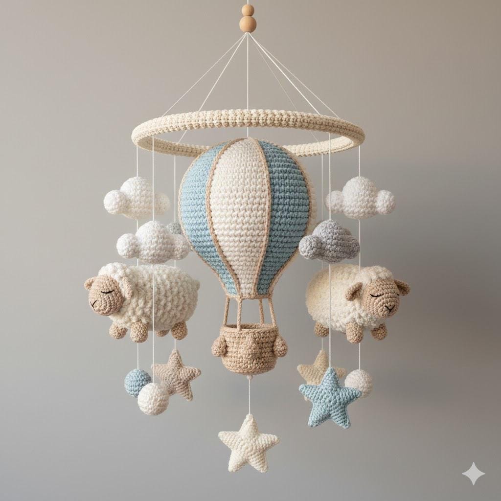 Handmade Crochet Hot Air Balloon Mobile with Sheep, Neutral Yarn Nursery Hanging Decor