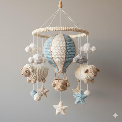 Handmade Crochet Hot Air Balloon Mobile with Sheep, Neutral Yarn Nursery Hanging Decor