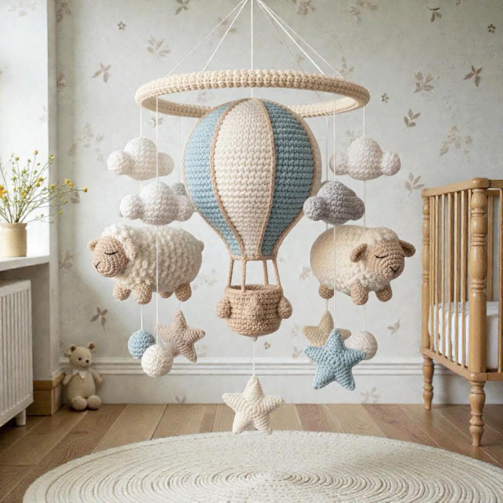 Handmade Crochet Hot Air Balloon Mobile with Sheep, Neutral Yarn Nursery Hanging Decor