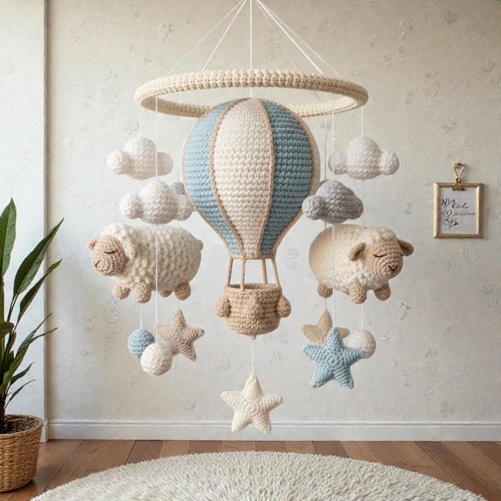 Handmade Crochet Hot Air Balloon Mobile with Sheep, Neutral Yarn Nursery Hanging Decor