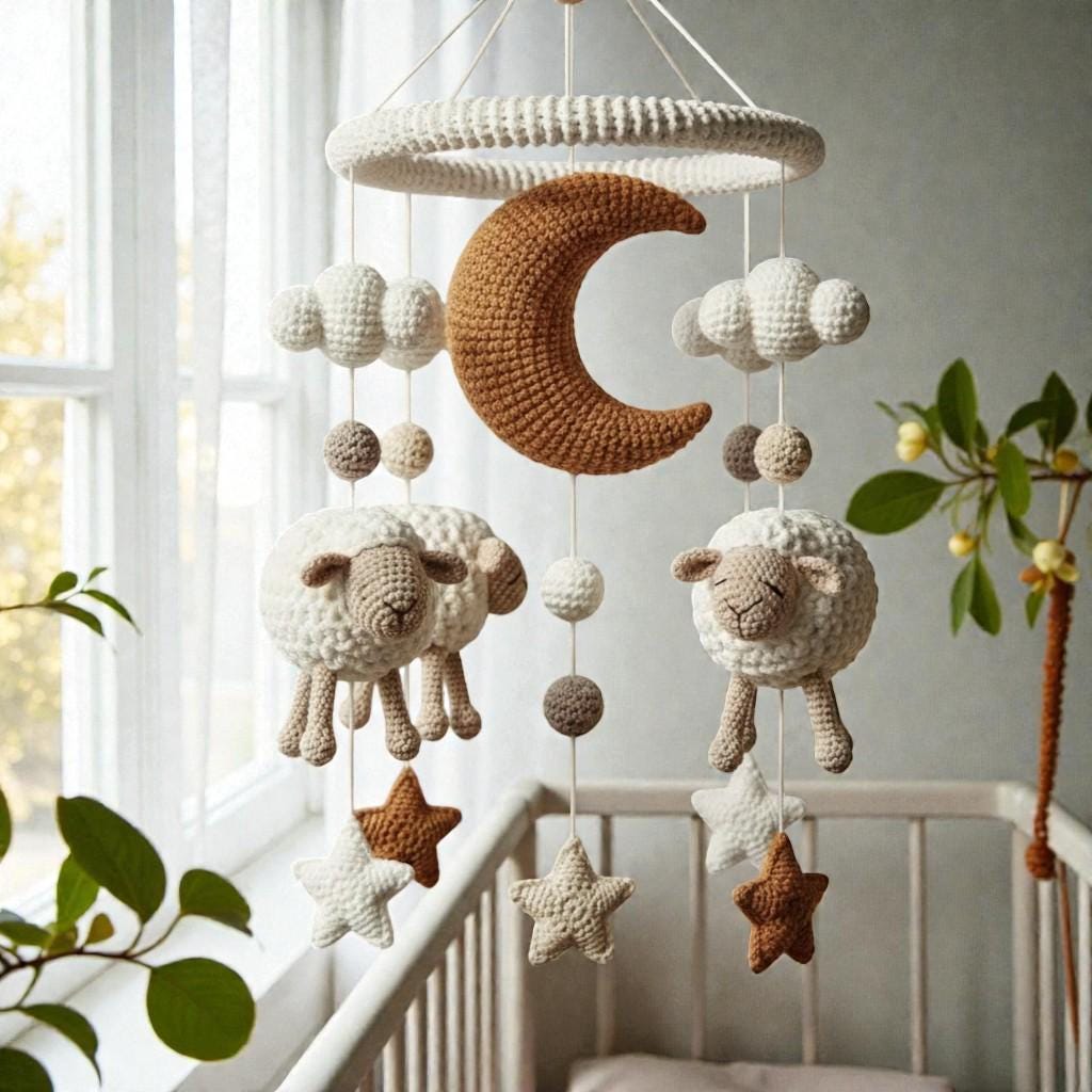 Handmade Crochet Moon and Sheep Mobile, Neutral Yarn Nursery Hanging Decor