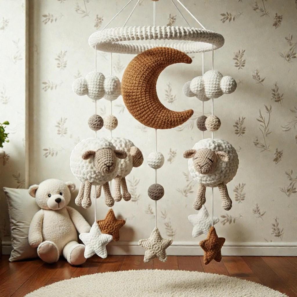 Handmade Crochet Moon and Sheep Mobile, Neutral Yarn Nursery Hanging Decor