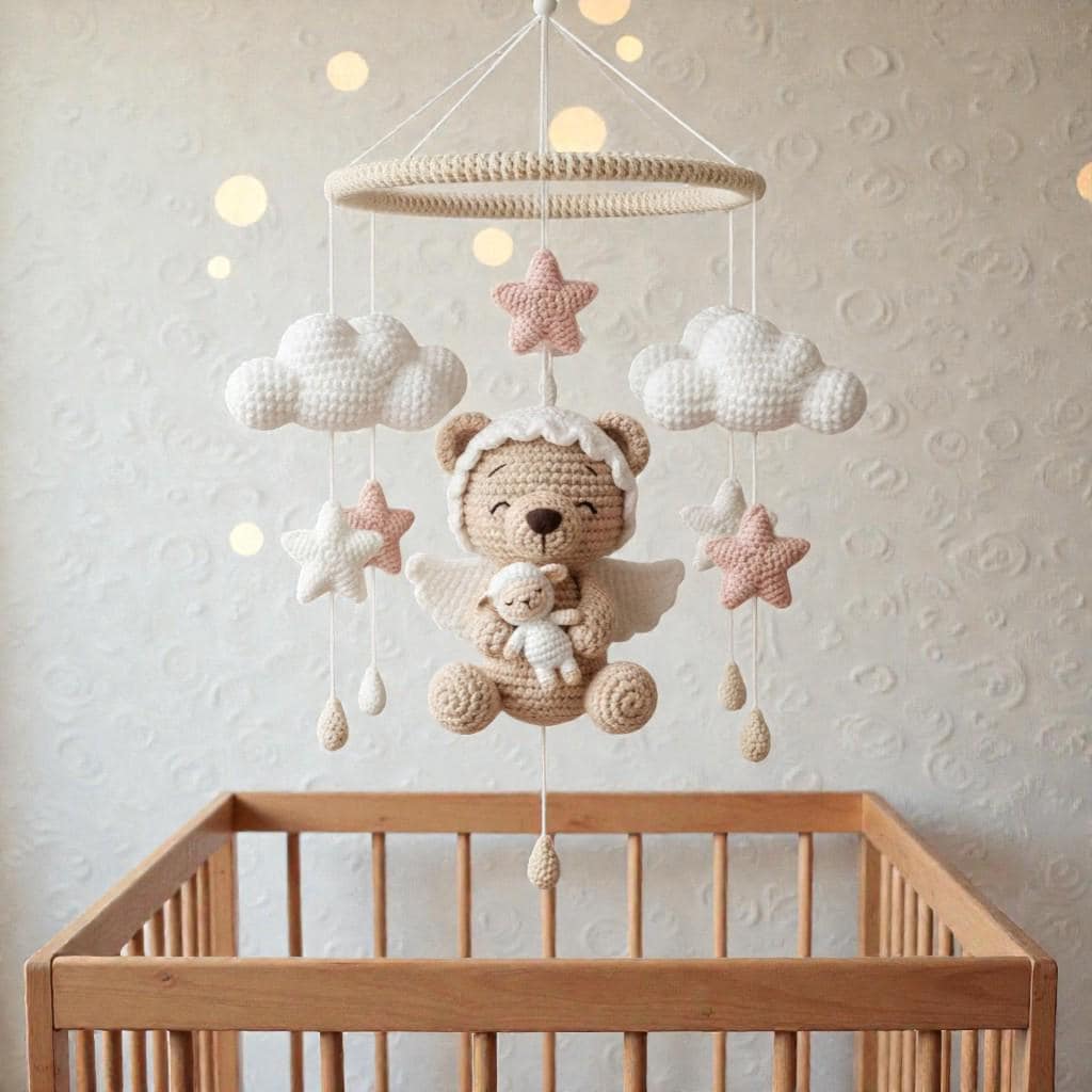 Crochet Angel Bear Mobile, Handmade Nursery Hanging Decor