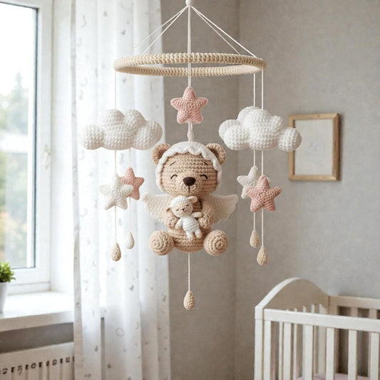 Crochet Angel Bear Mobile, Handmade Nursery Hanging Decor