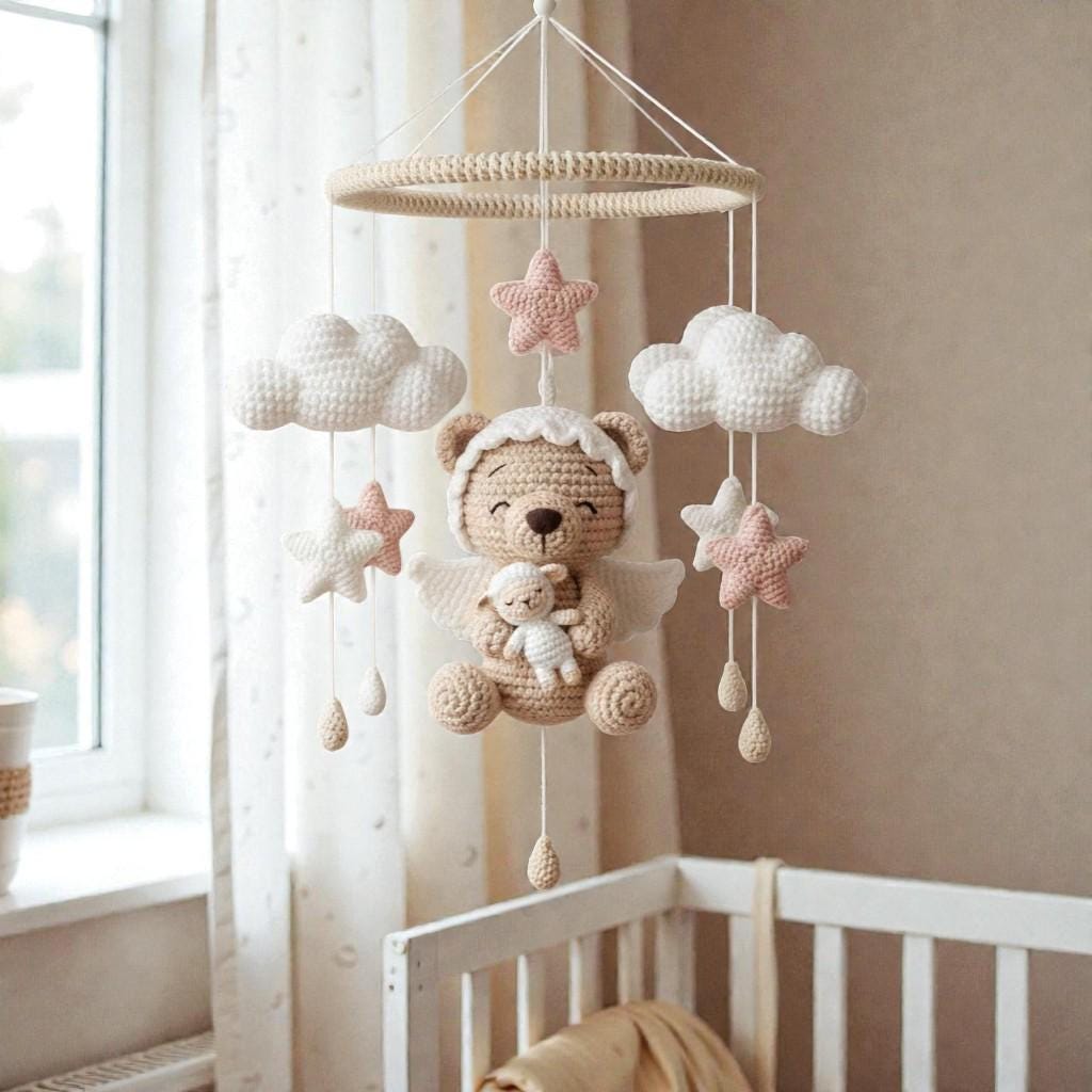 Crochet Angel Bear Mobile, Handmade Nursery Hanging Decor