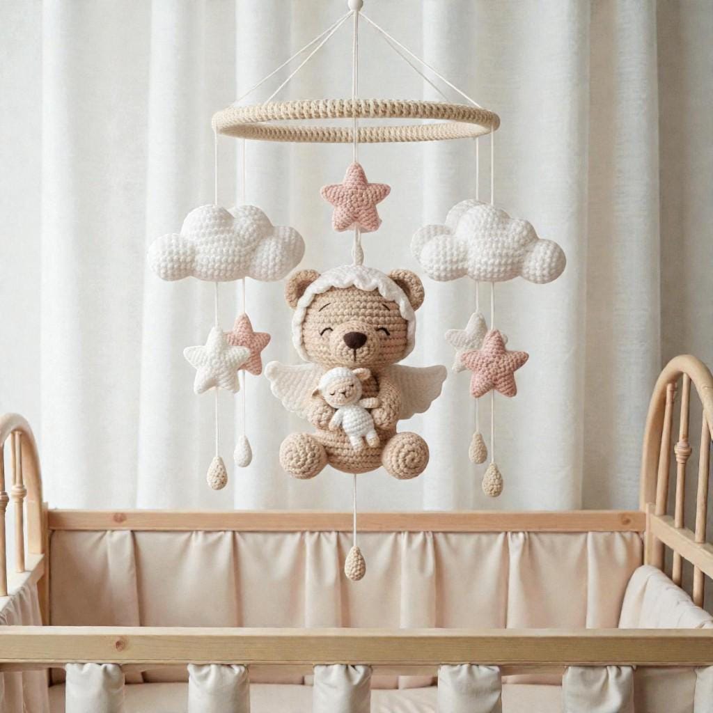 Crochet Angel Bear Mobile, Handmade Nursery Hanging Decor