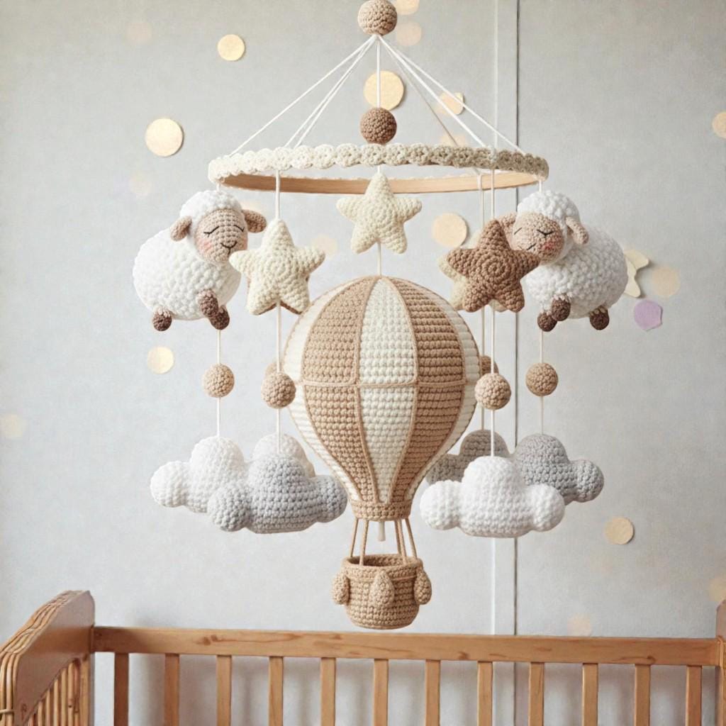 Crochet Sheep Hot Air Balloon Mobile, Neutral Nursery Hanging Decor