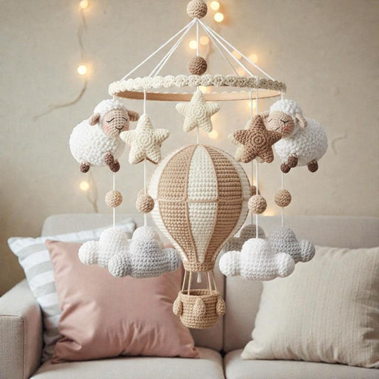 Crochet Sheep Hot Air Balloon Mobile, Neutral Nursery Hanging Decor