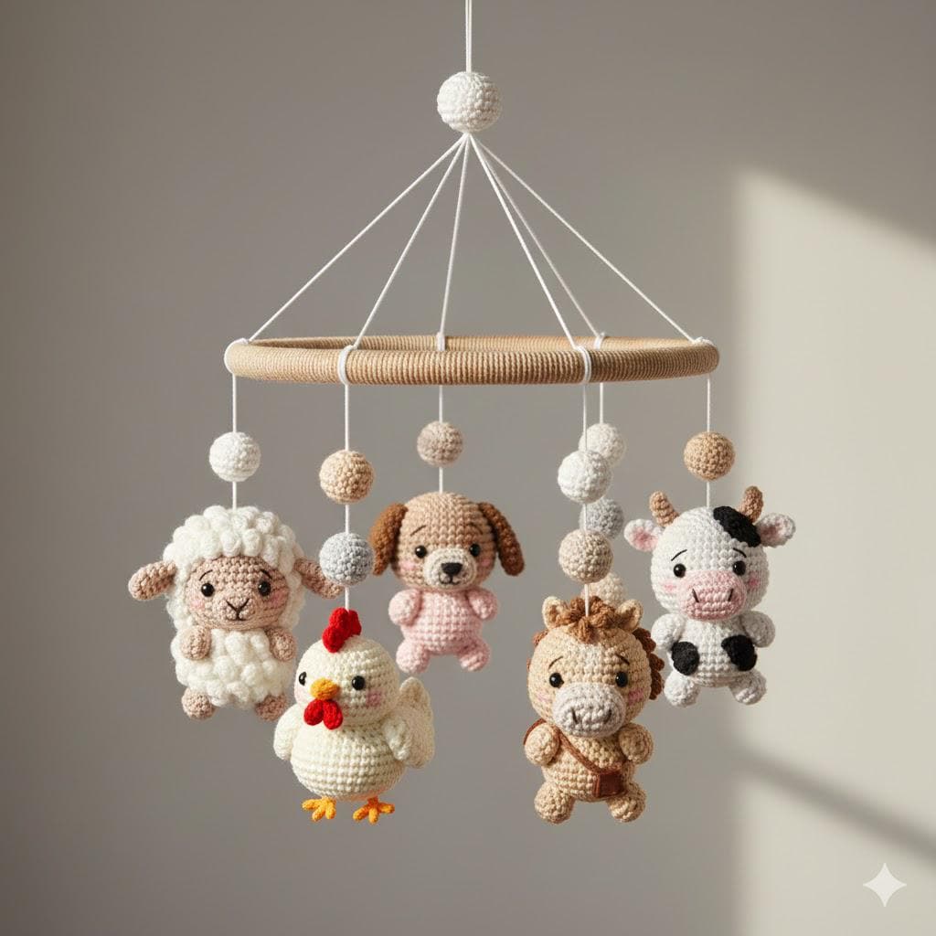 Crochet Animal , Handmade Hanging , Theme Nursery Decor, Neutral Farm Mobile, Textile Art Decor