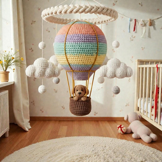 Crochet Hot Air Balloon Mobile, Handmade Dog Hanging Decor, Cloud Balloon Theme Mobile, Colorful Fiber Art Decor