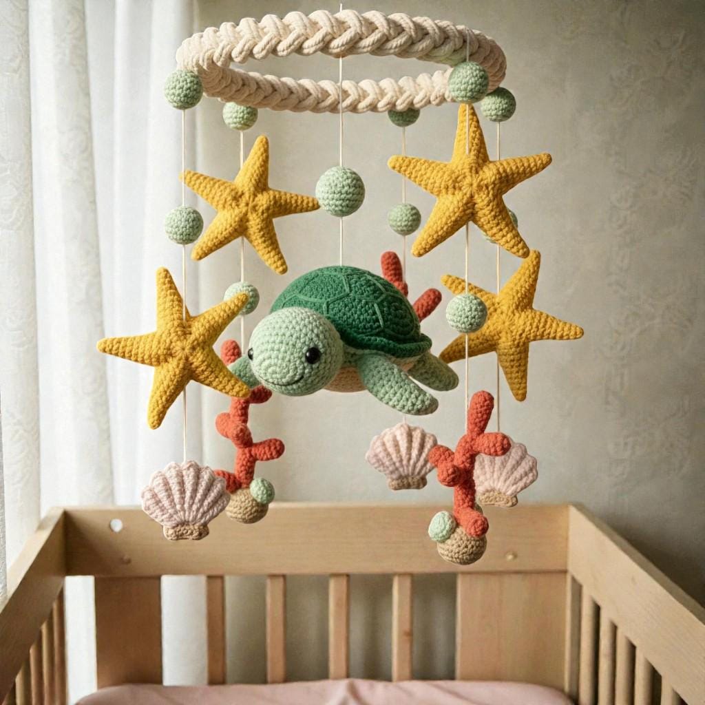 Crochet Sea Turtle Mobile, Handmade Ocean Hanging Decor, Coastal Fiber Art Mobile