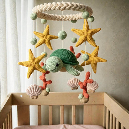 Crochet Sea Turtle Mobile, Handmade Ocean Hanging Decor, Coastal Fiber Art Mobile