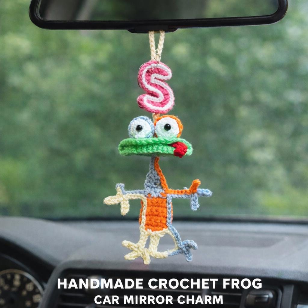 Custom Handmade Crochet Frog Car Charm, Funny Rearview Mirror Hanger, Small Crochet Gifts,Handmade Toy Animal Auto Decor, Gift for Car Lover