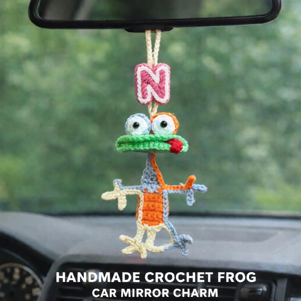Custom Handmade Crochet Frog Car Charm, Funny Rearview Mirror Hanger, Small Crochet Gifts,Handmade Toy Animal Auto Decor, Gift for Car Lover