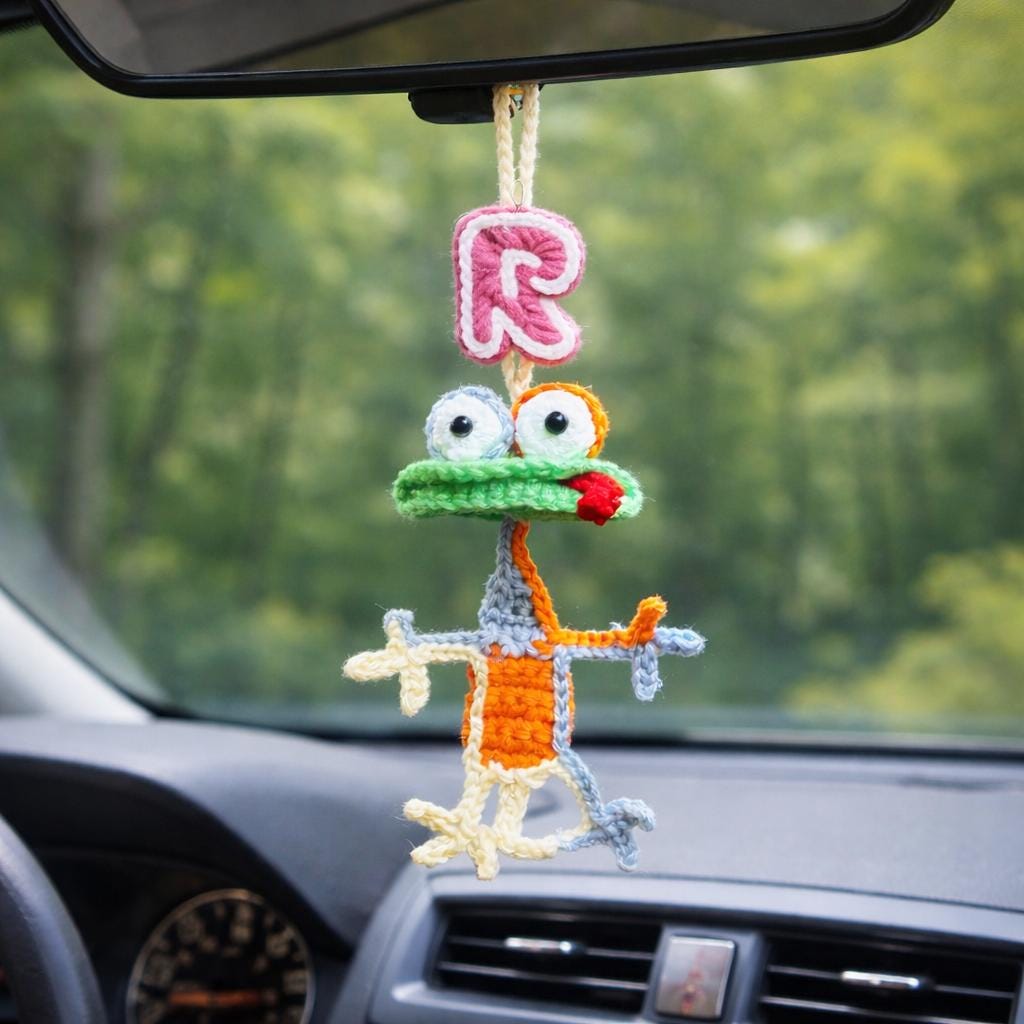 Custom Handmade Crochet Frog Car Charm, Funny Rearview Mirror Hanger, Small Crochet Gifts,Handmade Toy Animal Auto Decor, Gift for Car Lover