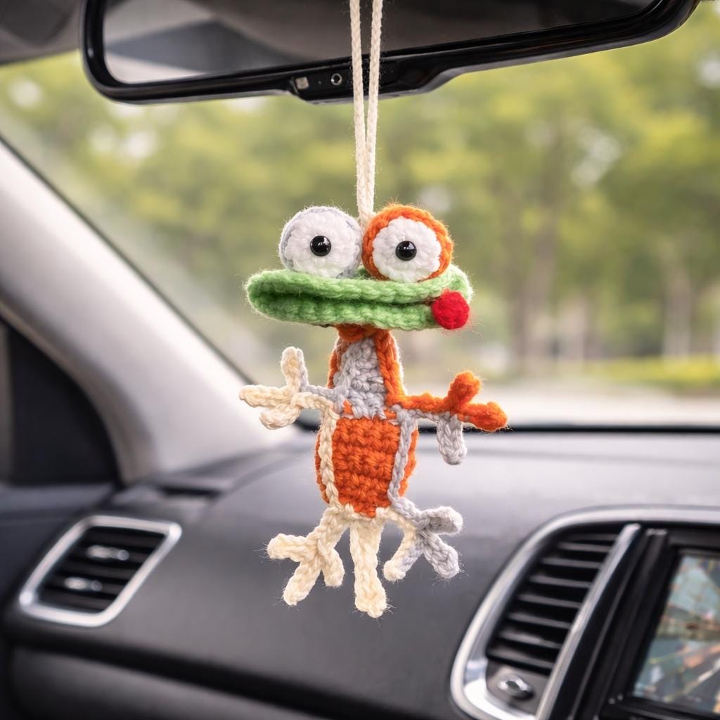 Custom Handmade Crochet Frog Car Charm, Funny Rearview Mirror Hanger, Small Crochet Gifts,Handmade Toy Animal Auto Decor, Gift for Car Lover