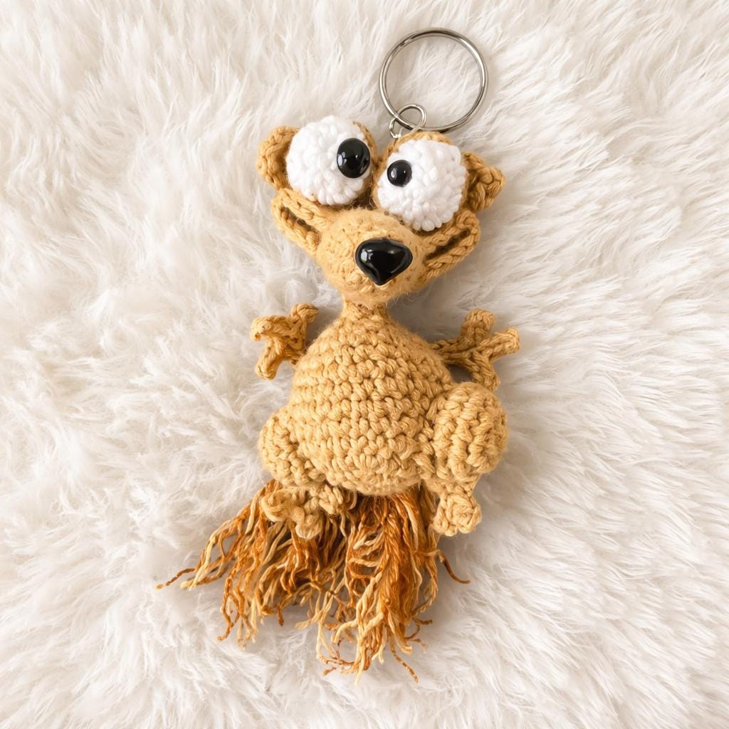 Funny Squirrel Crochet Keychain,Amigurumi Scrat Inspired Bag Charm,Cute Animal Keyring,Handmade Gift for Squirrel Lovers,Cartoon Plush Charm