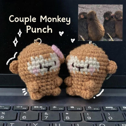 Couple Crochet Monkey Keychain Set, Viral Punch Monkey Wooden Keychain, Cute Baby Monkey with Plush Toy Gift,Emotional Gift for Animal Lover